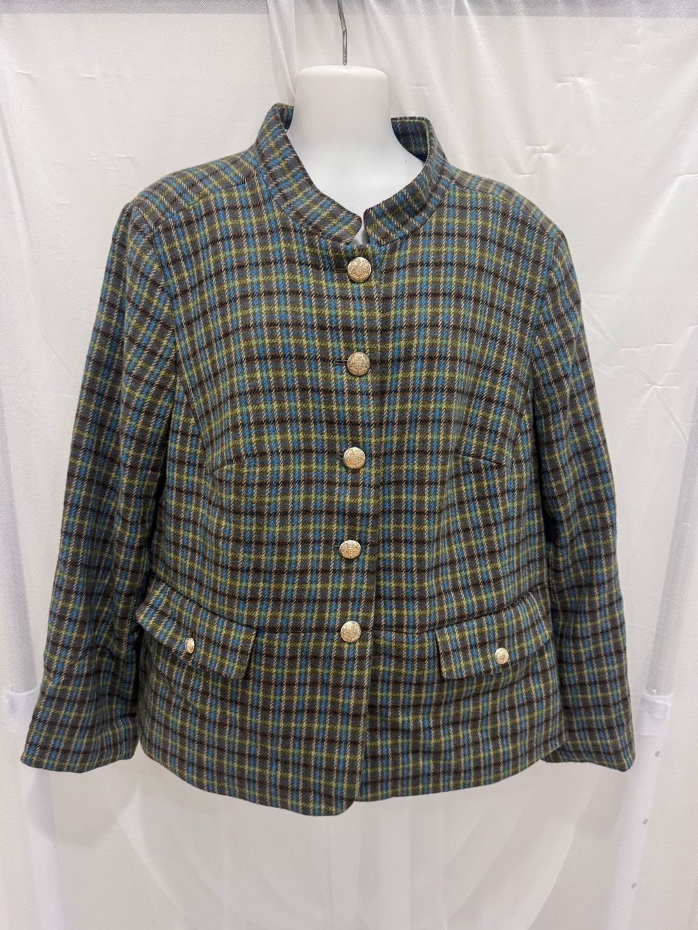 Talbots Plus Plaid Wool Blend Jacket 18W Gold Buttons Equestrian